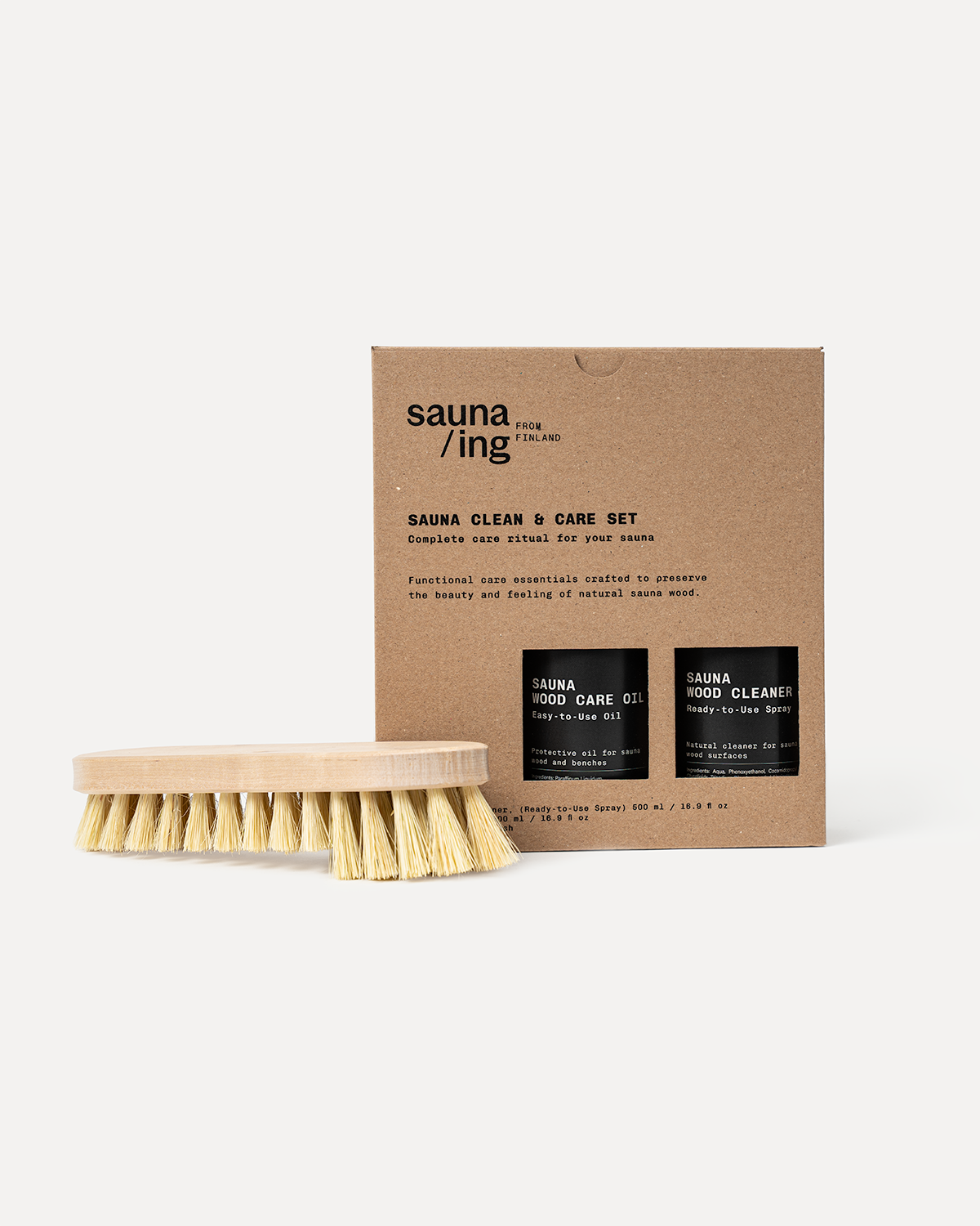 sauna/ing Sauna Clean & Care collection: wood cleaner spray, care oil and cleaning brush